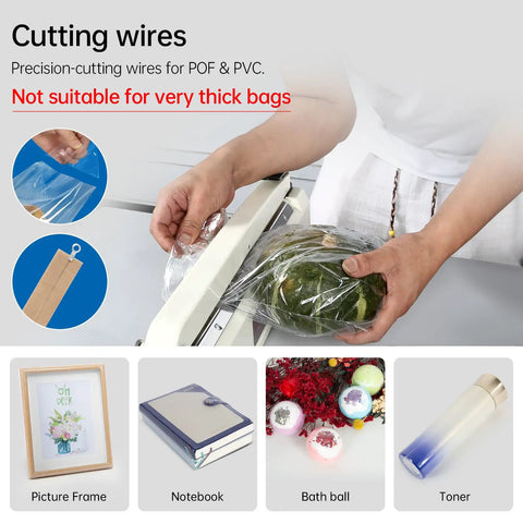 Person using impulse heat sealer with hot cutting wire to seal a package, demonstrating heavy duty bag sealing and cutting machine, white 8 inch.