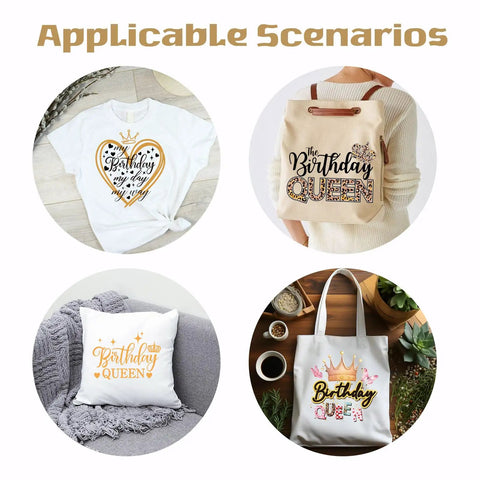 Birthday Queen Iron On Transfer Kit with 4 styles on shirt and bags for DIY wear and party use.