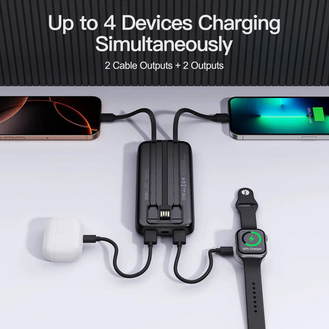 Two Pack Heavy Duty 10000mAh Portable Charger Power Bank Featuring Integrated Lightning And Usb C Cables Fast Charge Four Smartphones Simultaneously charging 4 devices with built-in cables.