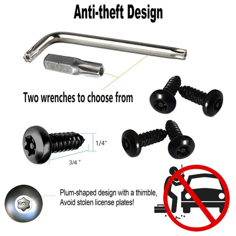 Black Anti Theft License Plate Screws Kit With Stainless Steel 1/4 Inch Security Mounting Hardware Includes Caps Inserts Rattle Proof Pads For Car Tags And Frame Mounting Easy Bolt On Tamper Proof Design showing screws, tools, and anti-theft symbol.