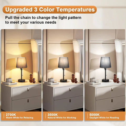 Set Of 2 Black Bedside Lamps For Bedrooms With Three Color Modes And USB C And USB A Ports Plus AC Outlet Tiny Nightstand Lamps For Side Tables With Pull Chain showing warm, natural, daylight settings
