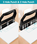 Beefed Up Heavy Duty 3 Hole Puncher For Binders With 9 By 32 Inch Holes, top view, all-metal body, adjustable punch heads on paper