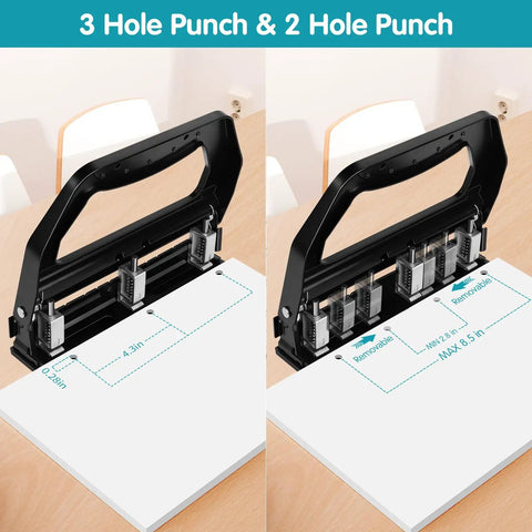 Beefed Up Heavy Duty 3 Hole Puncher For Binders With 9 By 32 Inch Holes, top view, all-metal body, adjustable punch heads on paper