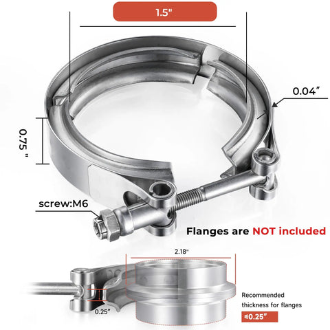 1.5 Inch 304 Stainless Steel V Band Exhaust Clamp For Turbo Downpipes Flange Kit, silver clamp close-up with measurements