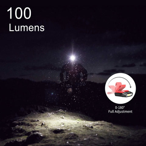 Person running in the dark wearing a Rechargeable Motion Sensor Cap Visor Light with 100 Lumen COB LED, adjustable angle, five modes.