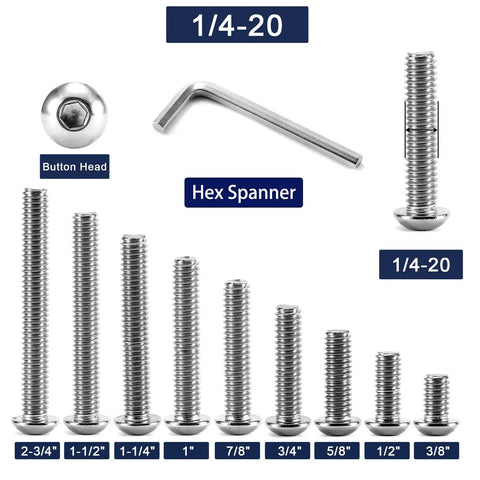 Quarter Inch By Half Inch Button Head Socket Cap Screws Twenty Pack, 1/4-20 Thread, 304 Stainless Steel 18-8, Hex Spanner displayed