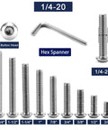 One Quarter Inch Twenty By Three Eighth Button Head Socket Cap Screws Type 304 Stainless Steel showing various lengths and hex spanner.