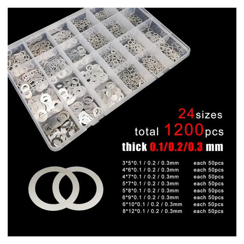 Ultra Thin Flat Washer Set 304 Stainless Steel M3 M4 M5 M6 M8 0.1mm 0.2mm 0.3mm Shim Kit With Box 500 Or 1200 Pieces For Precise Spacing And Adjustments For DIY, 24-size organizer