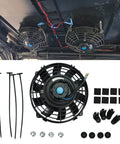 Universal 7 Inch Slim Radiator Cooling Fan With Ten Rugged Blades And 12 Volt Electric Push Pull Layout Comes Loaded With Sturdy Mount Brackets And Straps Kit Matte Black Paint mounted with brackets and wiring.