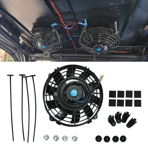 Universal 7 Inch Slim Radiator Cooling Fan With Ten Rugged Blades And 12 Volt Electric Push Pull Layout Comes Loaded With Sturdy Mount Brackets And Straps Kit Matte Black Paint mounted with brackets and wiring.