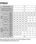 FPB45 linear stage spec sheet front view with table of motor options