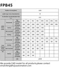 Specifications chart for FPB45 Linear Stage with Belt Drive for CNC Machines, showing load capacity and speed for servo and stepper motors.
