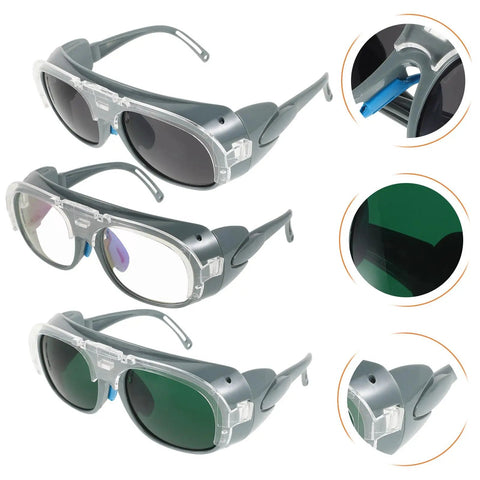 Badass Impact Resistant Welding Safety Goggles 3 Piece Set In Black Gray Shades. Three styles with polycarbonate lenses for splash defense.