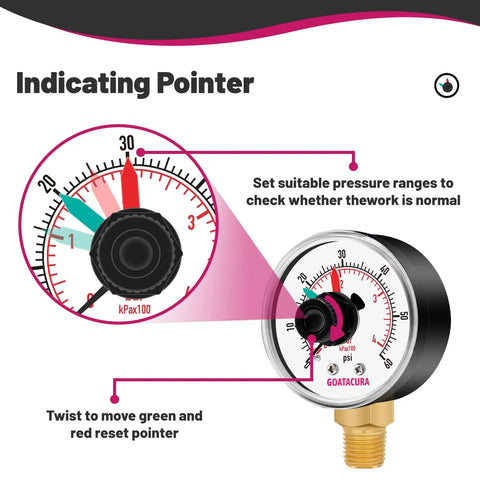 Close-up of 0 To 60 Psi Bar Pool Filter Pressure Gauge With 2 Inch Dial and adjustable needle settings for accuracy.