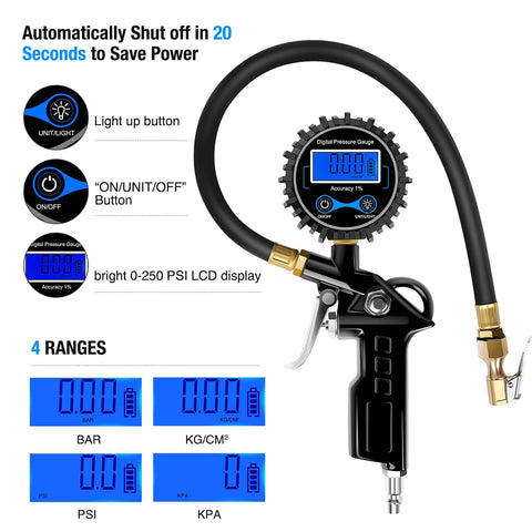 All In One Digital Tire Inflator With Gauge And Bleed Valve, 250 PSI Capacity, with backlit display and rubber hose