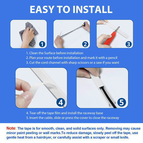 Installation steps for One Cable Cord Hider Kit 102-Inch Paintable Wall Wire Concealer showing cutting and attaching raceway.