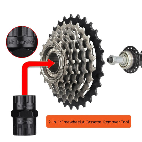 Close-up of 2 In 1 Speed Cassette Lockring Tool For Bike Cassette And Freewheel Removal, showing steel construction and usage.