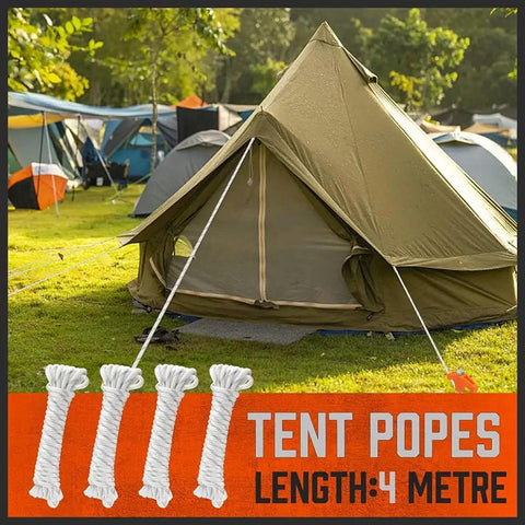 Tent setup with 20 Pack 8 Inch Heavy Duty Tent Stakes Made From Galvanized Steel For Camping, Rust Resistant, with ropes on grass.