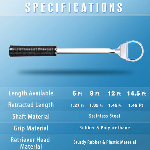 Auto Locking Golf Ball Retriever With Telescopic Shaft 6 ft to 14.5 ft, stainless steel with rubber grip, specification details