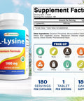 Top Shelf L Lysine 1000 Mg Tablets For Cold Sores And Immune Support 180 Count bottle with supplement info.