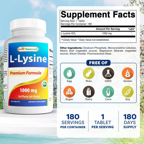 Top Shelf L Lysine 1000 Mg Tablets For Cold Sores And Immune Support 180 Count bottle with supplement info.