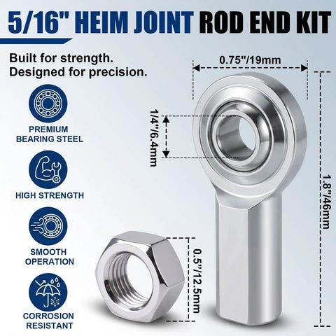 Four Pack Five Sixteenth Inch Rod End Bearings With Jam Nuts And Right Hand Female Thread Built To Last In Tough Outdoor Conditions, Corrosion Resistant Alloy Steel Heim Joint, High Strength PHSB5 For Rugged Mechanical Linkages. 5/16 inch bearing with jam nut
