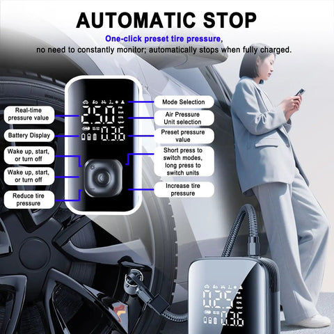 Portable Tire Inflator Fits Gmc Hummer EV SUT 150 Psi Digital Air Compressor with LCD screen and tire pressure settings.