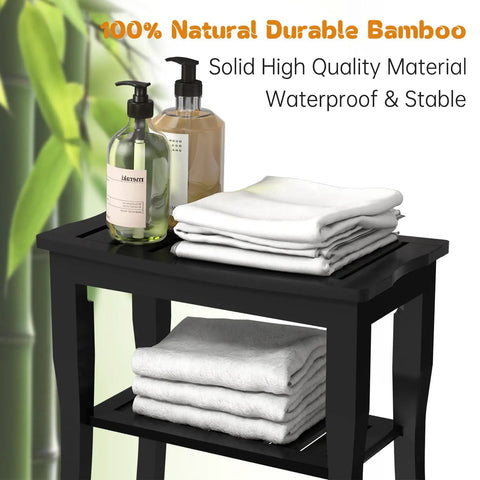 Waterproof Bamboo Shower Bench And Stool With Storage Shelf For Inside Shower Black with towels and bottles