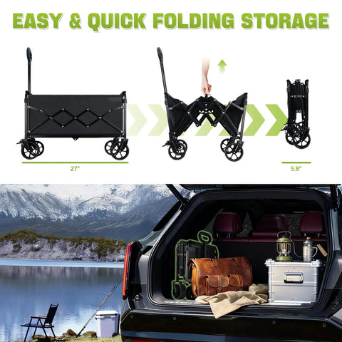 All Terrain Folding Wagon Cart With Brakes 360 Lb Heavy Duty Portable Lightweight Wagon for quick compact storage in car trunk