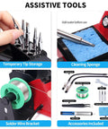 110W Soldering Iron Station Kit With LED Display showing assistive tools including tip storage, cleaning sponge, wire bracket, and accessories.
