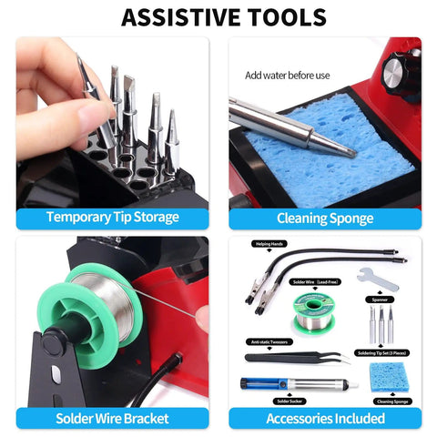 110W Soldering Iron Station Kit With LED Display showing assistive tools including tip storage, cleaning sponge, wire bracket, and accessories.