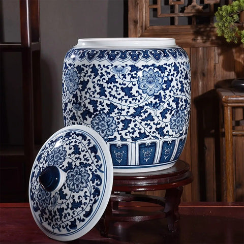 Ceramic Rice Bucket Kitchen Sealed Jar With Lid Grain Dispenser Smooth Pour Glazed Blue White Pantry Canister For Coffee Beans Snacks Keeps Bulk Goods Crisp And Ready To Roll, floral pattern, lid beside jar