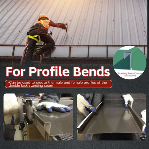 Worker using Pro Grade Sheet Metal Bender Tool With Adjustable Bend Height From Three Eighths To Eight Inches on metal roof