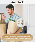 Couple entering home with Smart Keyless Entry Door Lock With WiFi Keypad Front Door Deadbolt That Plays Nice With Alexa And Google Assistant Mobile App Control Anti Peeping Password One Time Codes Auto Lock Easy Install For Home Or Office visible