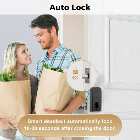 Couple entering home with Smart Keyless Entry Door Lock With WiFi Keypad Front Door Deadbolt That Plays Nice With Alexa And Google Assistant Mobile App Control Anti Peeping Password One Time Codes Auto Lock Easy Install For Home Or Office visible