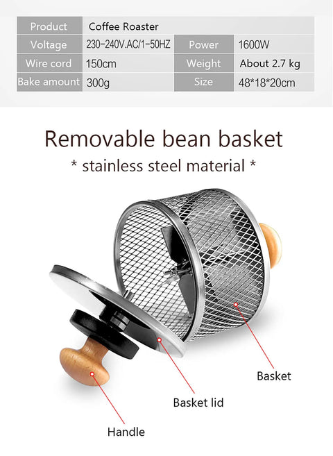 Top Notch Electric Coffee Roaster Rocking A Heavy Duty Stainless Steel Drum With Slick One Knob Control For Light To Dark Roasts And Serving Straight Up Fresh Cup Bliss Daily - removable stainless steel bean basket with handle.