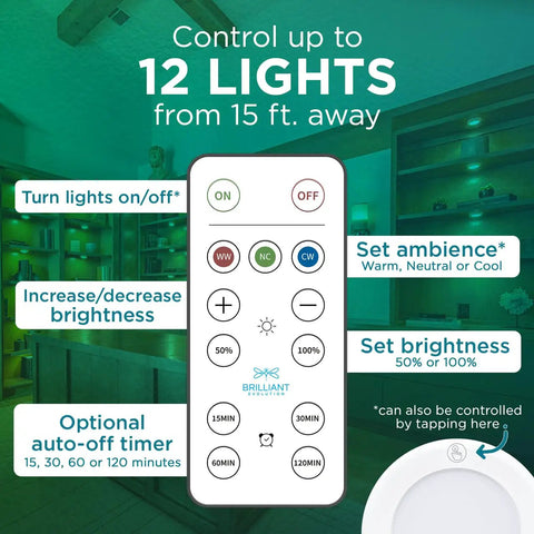 Remote control for Stick On LED Puck Lights With Remote, Battery Powered Wireless Cabinet Lighting, 2 Pack, No Fuss Install