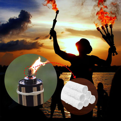 Long Life Fiberglass Torch Wicks 10 Inch Replacement Wicks For Tiki Torches And Oil Lamps, close-up and usage at sunset
