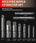 Image of a 9-Piece Pipe Extractor Set for Broken Nipples and Stripped Fittings, showcasing various sizes for damaged threads.
