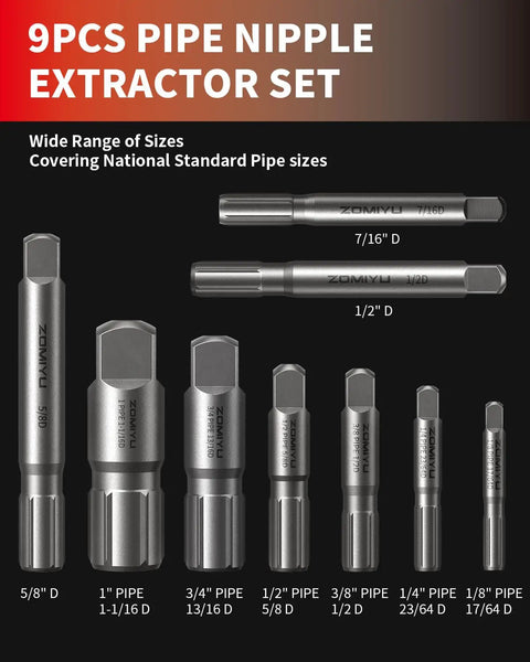 Image of a 9-Piece Pipe Extractor Set for Broken Nipples and Stripped Fittings, showcasing various sizes for damaged threads.