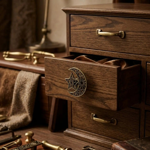 Top Shelf Hollow Moon And Star Cabinet Knobs Combined With Threaded Drawer Pulls For Instant Home Upgrade Plus Straight Up Slick Geometric Decor Hardware Set on wooden drawer