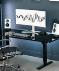 Modern desk setup with Two Pack Desk Speaker Stands With 15 Degree Tilt For Bookshelf And Desktop Speakers 5 X 8 Inch Anti Vibration Risers