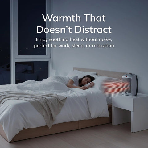 Bedroom with Compact Desktop Ceramic Space Heater With Adjustable Thermostat, Two Heat Settings And Fan Only Mode, Quiet Personal Heater
