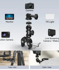 Diagram of Sturdy Camera Clamp Mount With Double Ball Head Magic Arm for attaching cameras, monitors, lights on fences or desks.