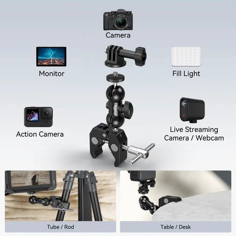 Diagram of Sturdy Camera Clamp Mount With Double Ball Head Magic Arm for attaching cameras, monitors, lights on fences or desks.