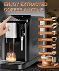 Kickstart Your Daily Brew With This Legit Fully Automatic Espresso Maker Featuring A Built In Grinder 20 Bar High Pressure Pump And Zero Hassle Milk Frother For Smooth Lattes And Rich Cappuccinos At Home, showing controls and coffee styles.