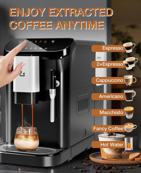 Kickstart Your Daily Brew With This Legit Fully Automatic Espresso Maker Featuring A Built In Grinder 20 Bar High Pressure Pump And Zero Hassle Milk Frother For Smooth Lattes And Rich Cappuccinos At Home, showing controls and coffee styles.