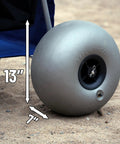Close-up of the 13-inch balloon wheel on the Beach Cart With Balloon Wheels, Heavy Duty Steel Wagon That Rolls Smoothly Over Sand
