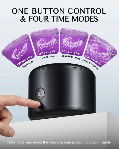 45kHz Ultrasonic Retainer Cleaner With UV Sterilization for dental appliances showing one-button control with timing modes.