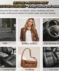 Collage showing uses of Leather Recoloring Balm 3.53 Oz Quick Dry Repair Cream for couches, jacket, steering wheel, and car seats.